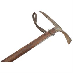 1950s fireman's axe by Elwell, model 5122, marked with Broad Arrow, with canvas belt holder, together with Swiss steel and oak climber's ice axe, the blade stamped Robert Lawrie Ltd. London W1, fireman's axe L39cm