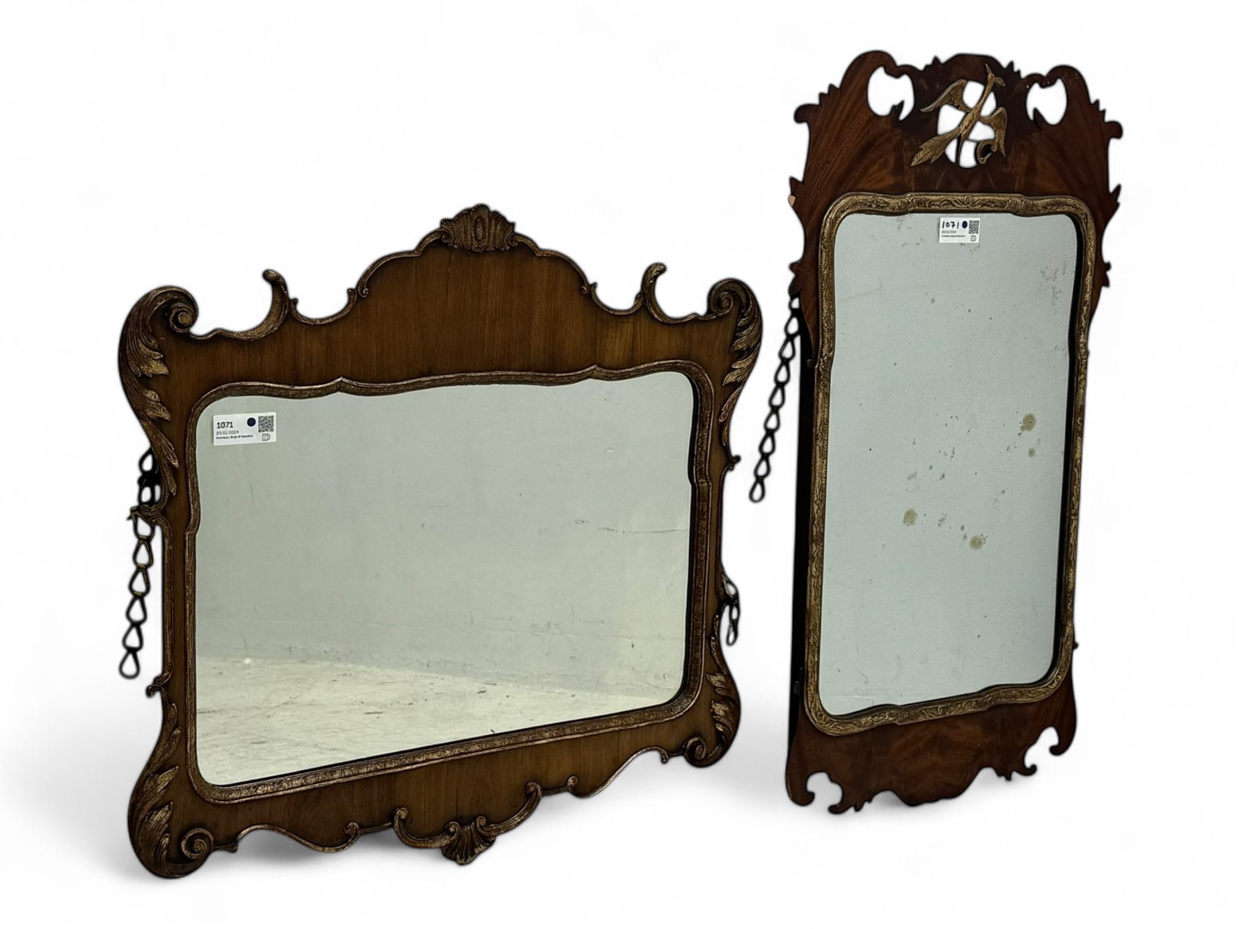 Georgian design walnut and parcel gilt fretwork wall mirror (76cm x 73cm); Chippendale design mahogany fretwork wall mirror, carved with Ho-Ho bird pediment (54cm x 93cm)