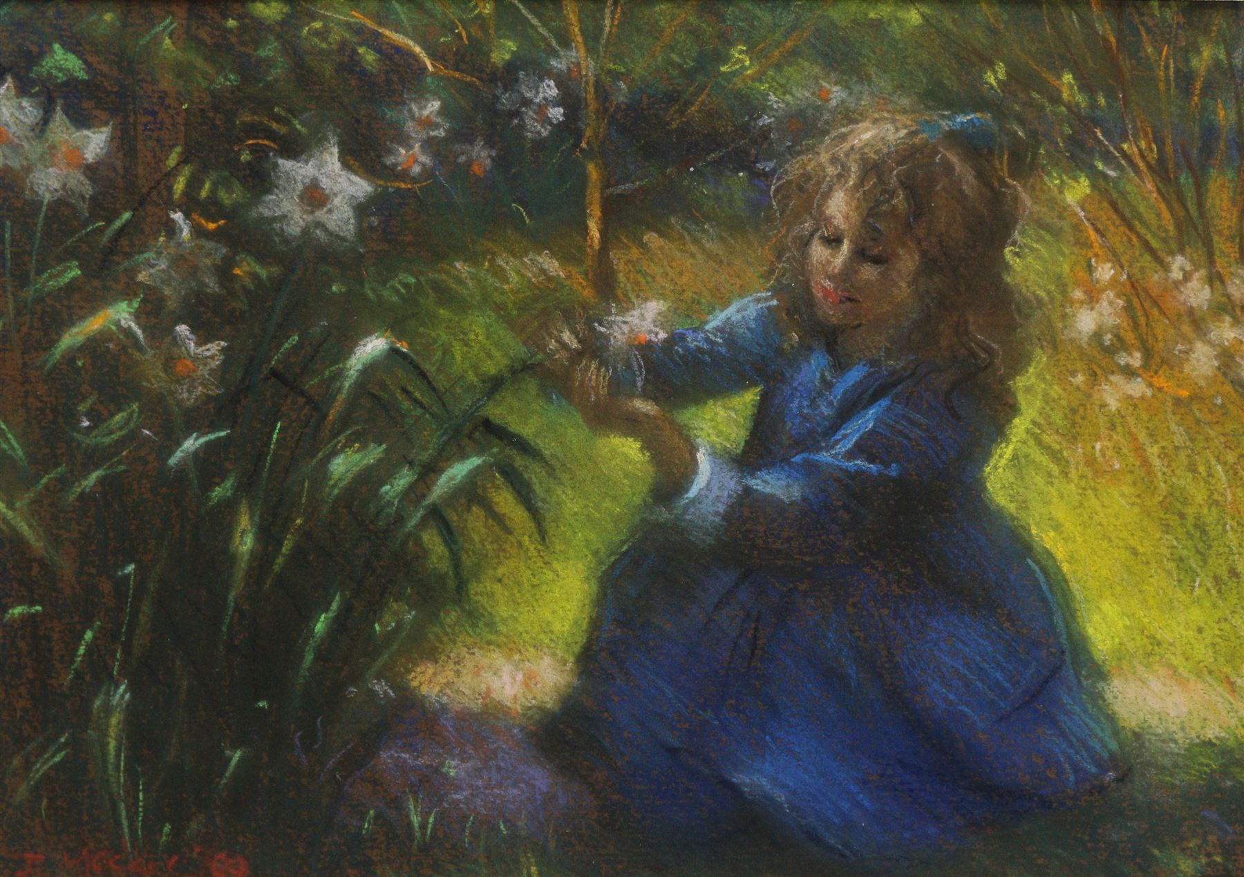 John Mackie (Scottish 1953-): Girl Admiring the Daffodils, pastel signed 23cm x 33cm 