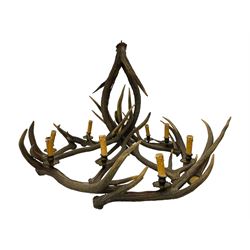 Deer antler chandelier, of circular shaped form, with nine fitted lights, D84cm, H65cm