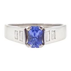 White gold single stone radiant cut sapphire ring, with baguette diamond shoulders, hallmarked 9ct, sapphire approx 0.65 carat