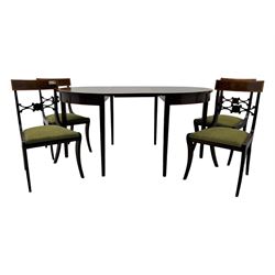 Regency design mahogany and satinwood banded dining table, two D-ends and central leaf, on square tapering supports (133cm x 163cm, H78cm); together with a set of four Regency design mahogany dining chairs, bar back with satin wood band, drop-in upholstered seat, on sabre supports 