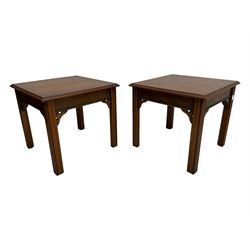 20th century pair of yew wood lamp tables, moulded square top with pierced corner brackets, on fluted straight supports 