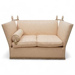 Knole design hardwood-framed drop-arm two-seat sofa, upholstered in cream Damask fabric de...