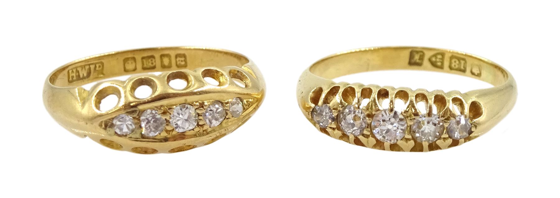 Two early 20th century 18ct gold five stone diamond rings, Chester 1910 and London 1916