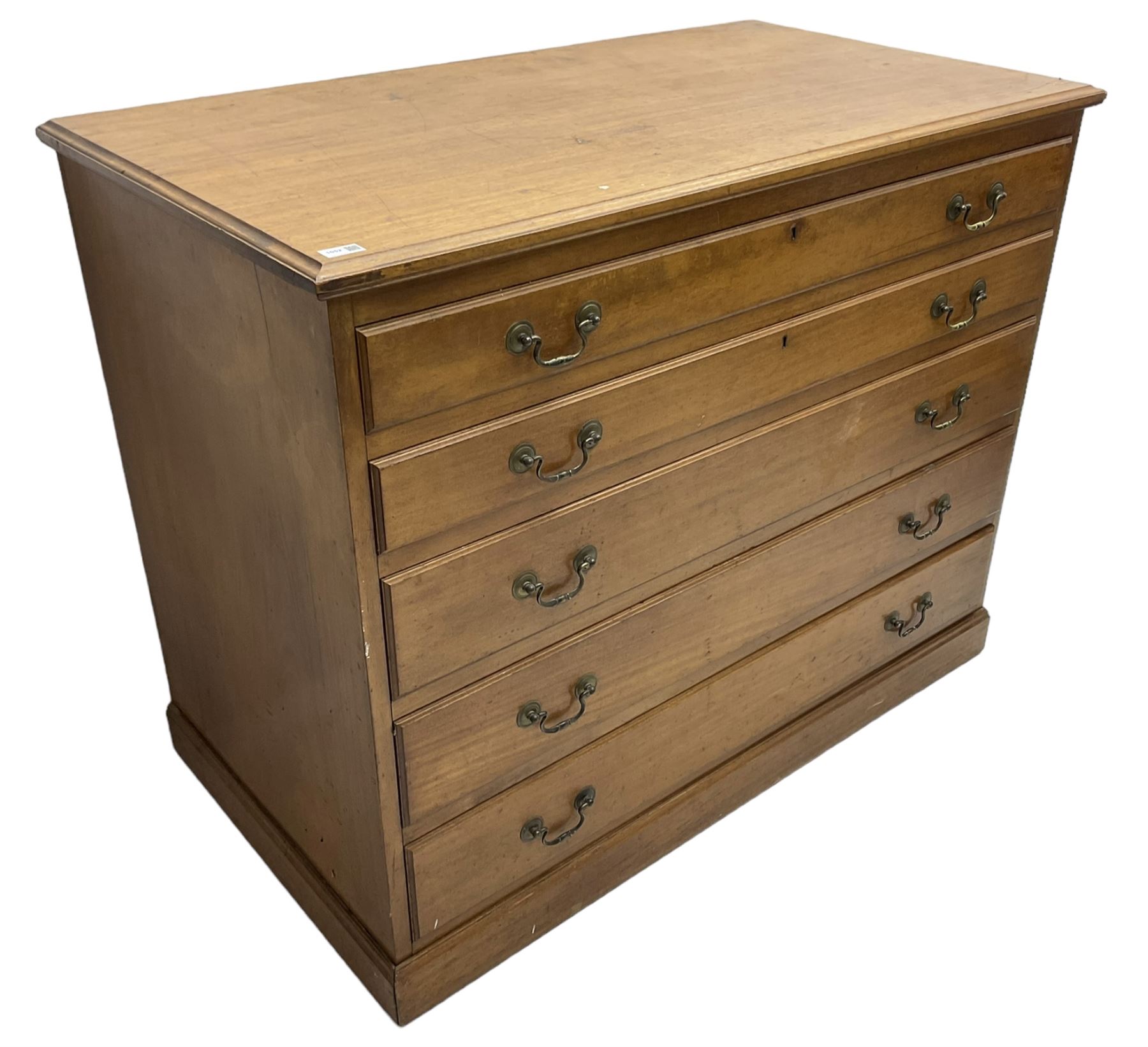 20th century mahogany plan chest, moulded rectangular top over five graduating drawers, on moulded plinth base