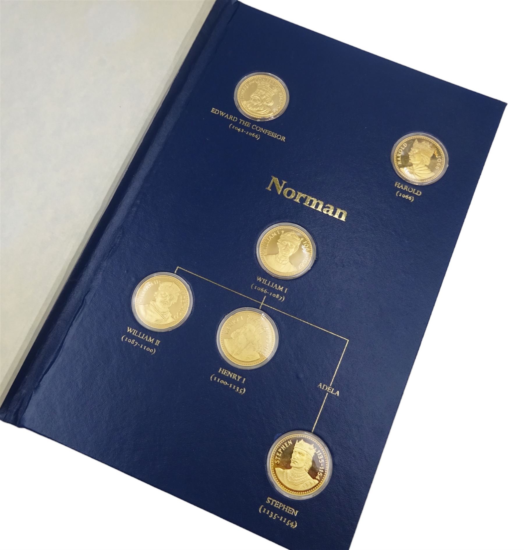 Franklin Mint, The Kings and Queens Collection, forty-three 24ct gold plated silver medallions, each engraved RSBS First Edition Silver Jubilee 1977 and hallmarked Franklin Mint, London 1978, contained within blue presentation folder