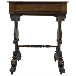Early 19th century mahogany work table, moulded rectangular to over single cock-beaded drawer, on shaped end supports carved with C-scrolls and swirled roundel, united by turned stretcher, on C-scroll feet with brass castors