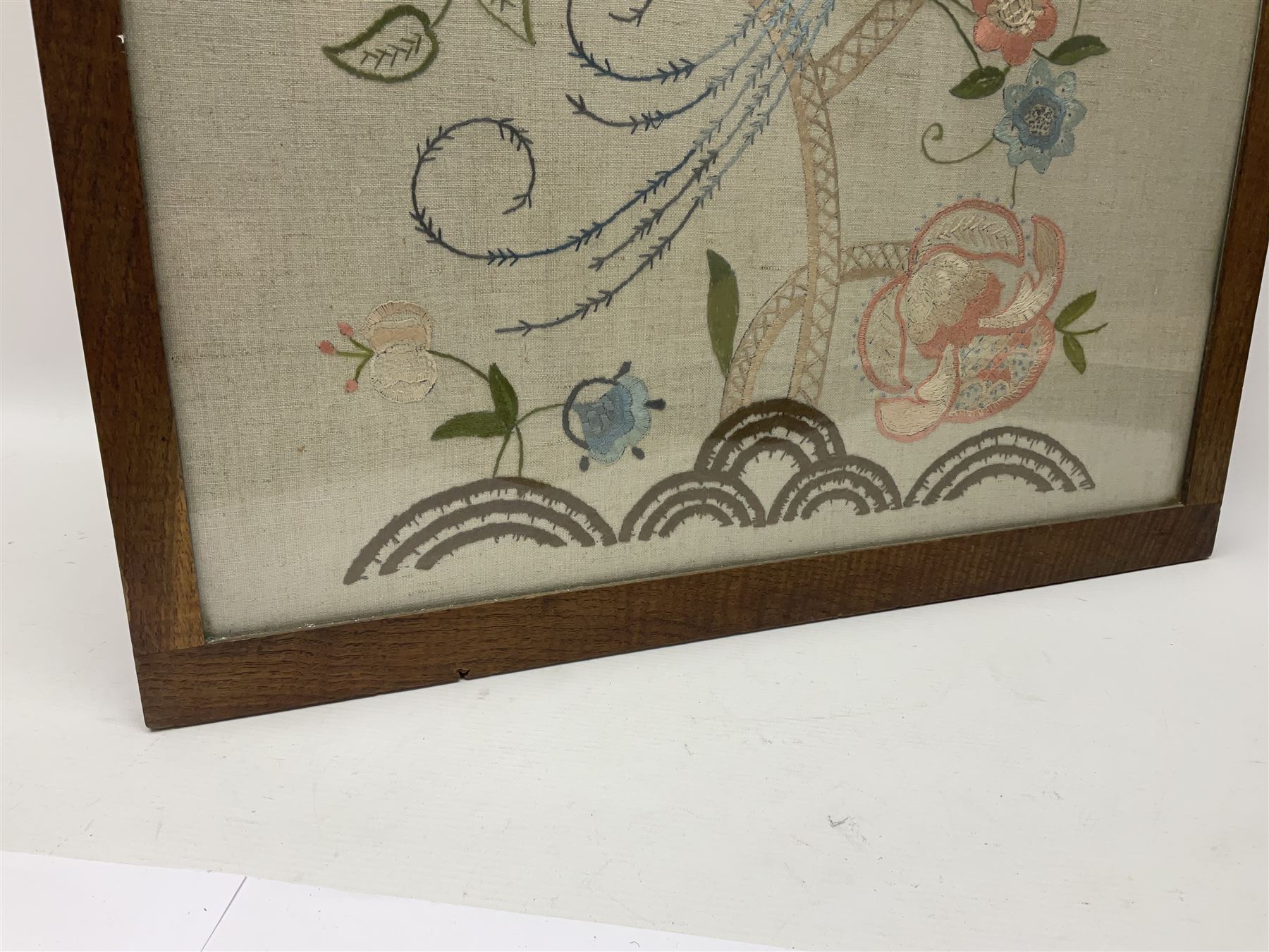 20th century framed crewelwork embroidery, depicting foliate and birds, H64, W55cm