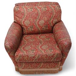 Three-piece lounge suite - pair of armchairs with rolled arms (W85cm, H74cm, D95cm); wingback armchair on cabriole feet (W74cm, H97cm, D73cm), upholstered in crimson ground floral pattern fabric 