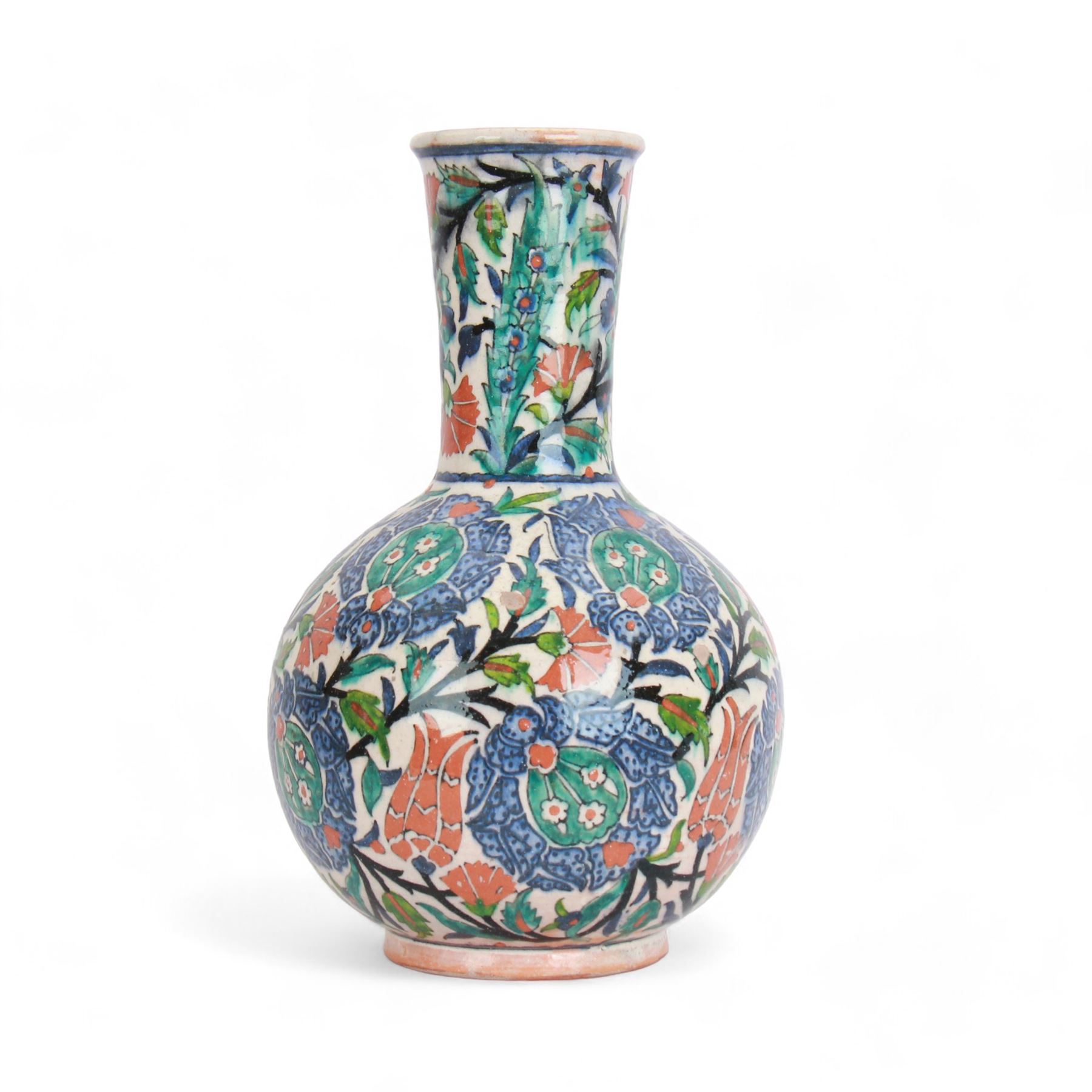 Early 20th century Iznic style polychrome vase, possibly Palestinian, of bottle form, decorated with chrysanthemums, tulips and saz leaves in turquoise, blue, green and iron red, H31cm