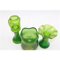 Three Austrian Art Nouveau green iridescent glass vases, to include two Loetz examples and a taller twisted and dimpled example, attributed to Franz Welz, tallest H18cm (3)