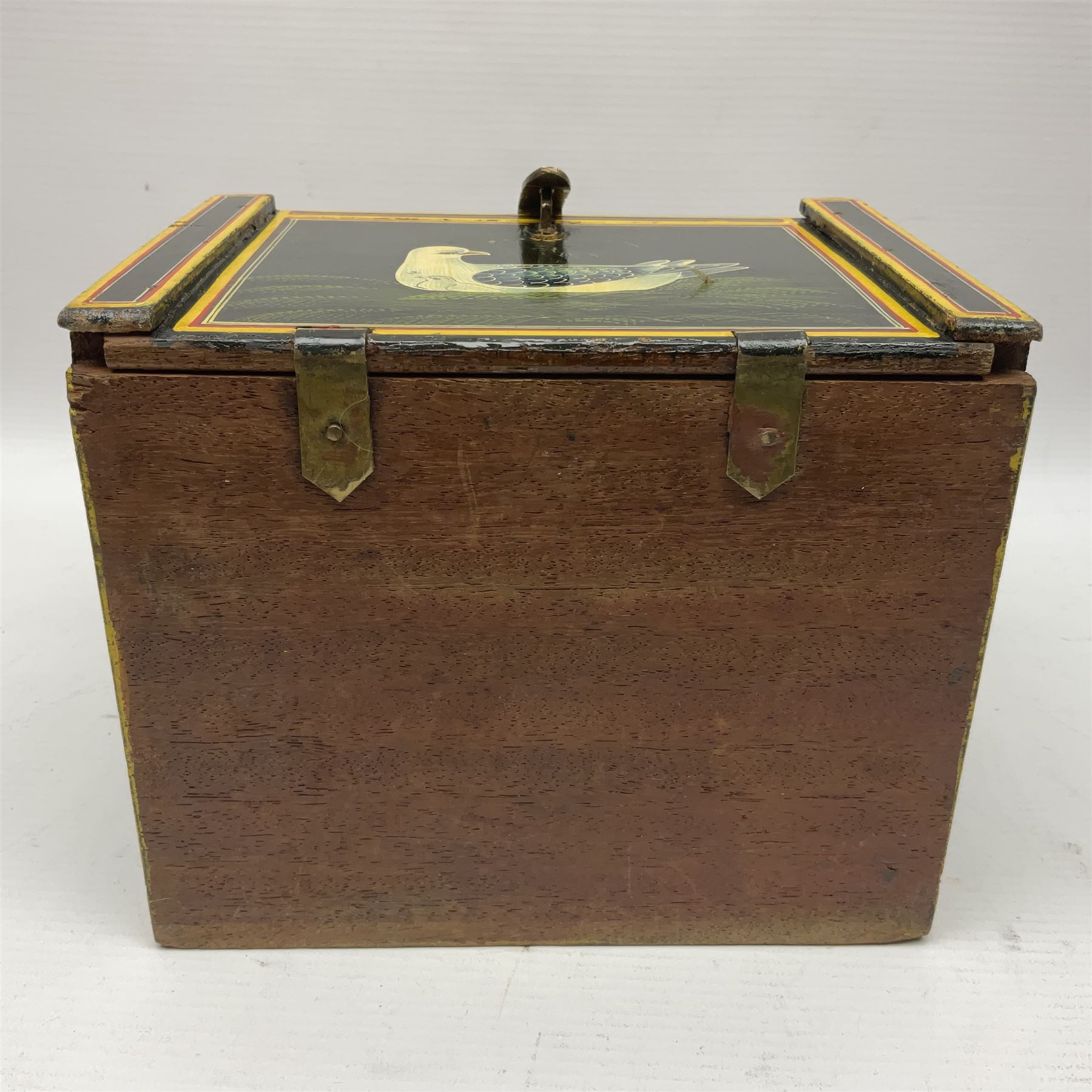 Small wooden collectors chest, painted to each side with birds upon a black ground within red and yellow borders, opening to reveal a compartmentalised interior containing one long drawer above two smaller drawers, H13cm, W18cm, D14.5cm