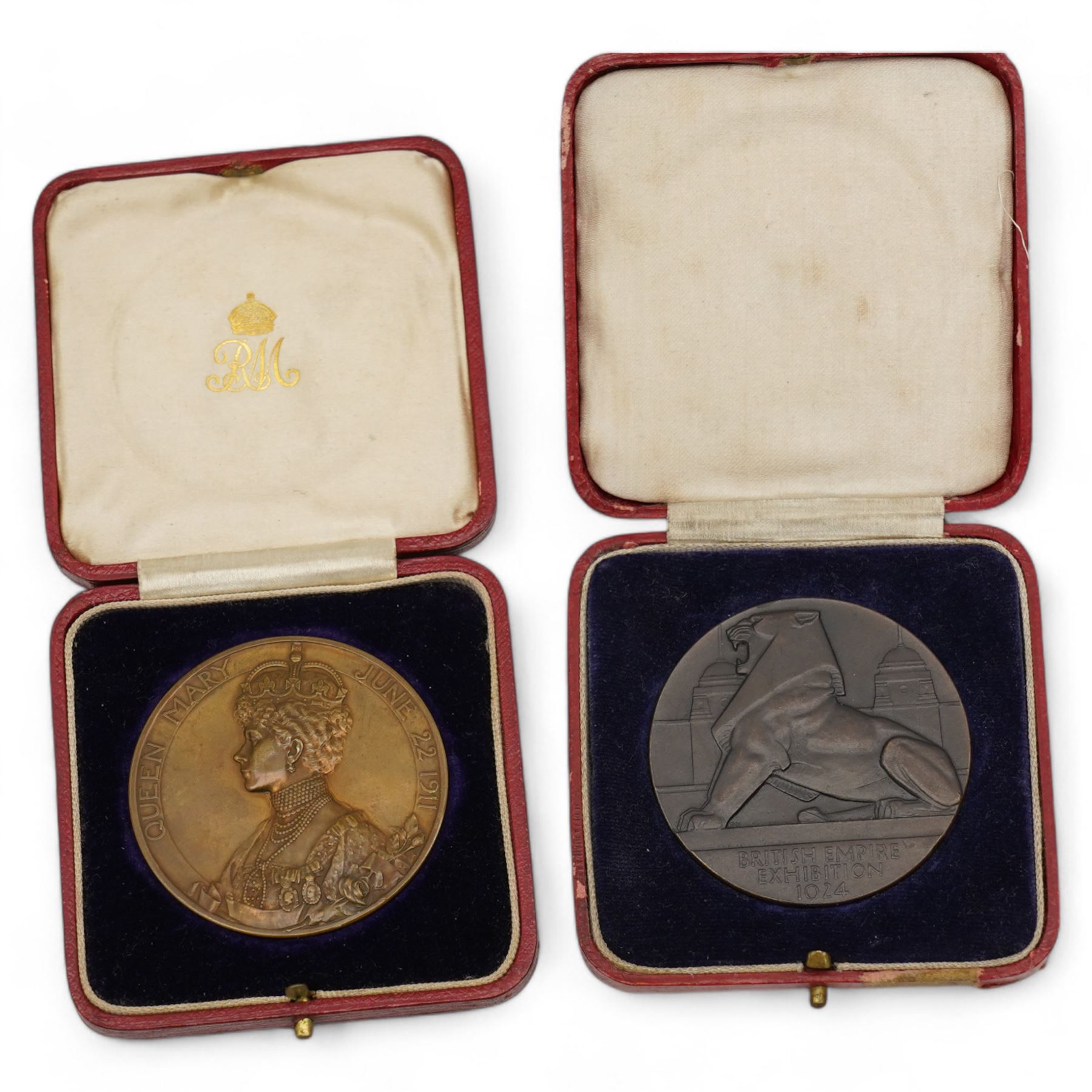 King George V and Queen Mary June 22 1911 coronation medallion and British Empire Exhibition 1924 commemorative medallion, both cased