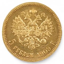 Russia 1909 gold five roubles coin