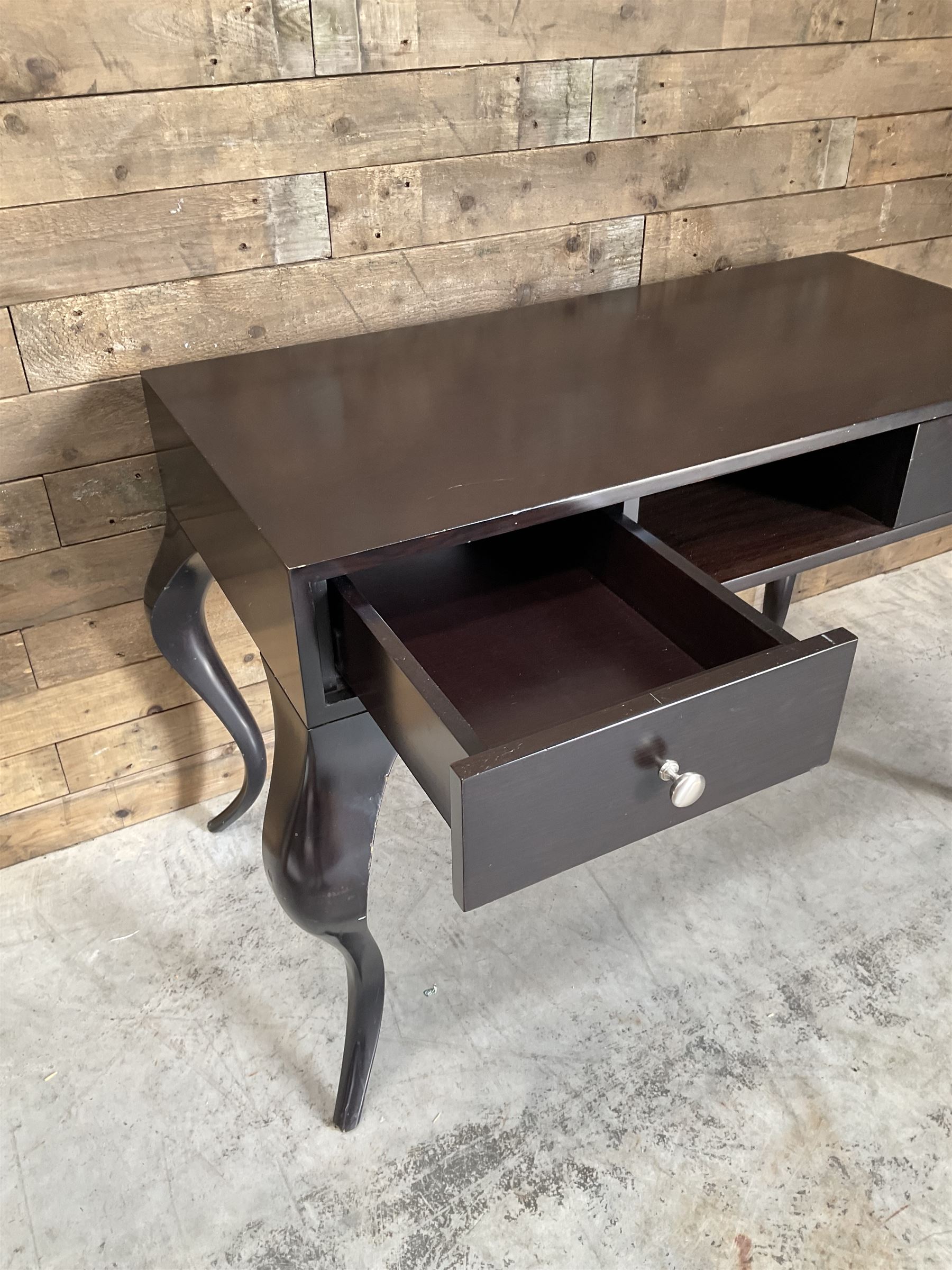 Rosewood finish console dressing table, fitted with two soft-close drawers