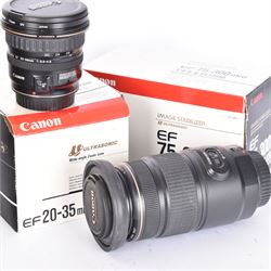 Two Canon Ultrasonic EF camera lenses, comprising 20-35mm 1:3.5-4.5 zoom lens serial no. 7800971F and 75-300mm 1:4-5.6 Image Stabiliser lens serial no. 6200116H, both boxed 