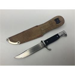 Post WWII scout knife, based on a Hitler Youth knife, in embossed leather sheath with scout emblem to handle, together with a similar example, also with scout emblem to handle, marked Whitby made in Germany, and a hunting knife with serrated edge, largest L39cm