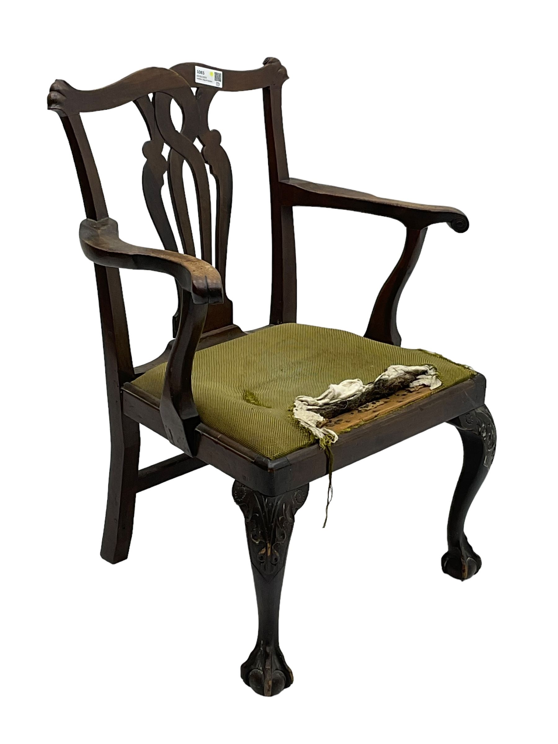 George III  elm and walnut elbow chair, shaped cresting rail over pierced and interlaced splat back, upholstered drop-in seat, on acanthus carved cabriole supports with ball and claw feet 