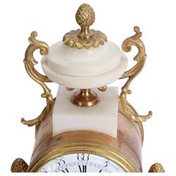 French - Louis XV style white marble and gilt mounted 8-day portico clock garniture c1905, drum movement surmounted by an oval shaped urn, supported on a pair of tapered column supports and raised on a rectangular plinth base, white enamel dial with floral garlands and Arabic numerals, Louis XV style gilt hands within a glazed bezel, twin train countwheel striking movement, striking the hours and half hours on a bell, with a pair of conforming three light candelabra, decorative matching pendulum and key.