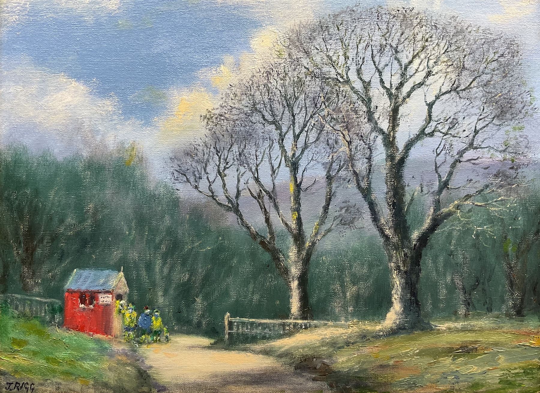 Jack Rigg (British 1927-2023): 'The Road Down to Cavendish Pavilion in the 1960s' - Bolton Abbey, oil on canvas board signed, titled and dated 2017 verso 30cm x 40cm