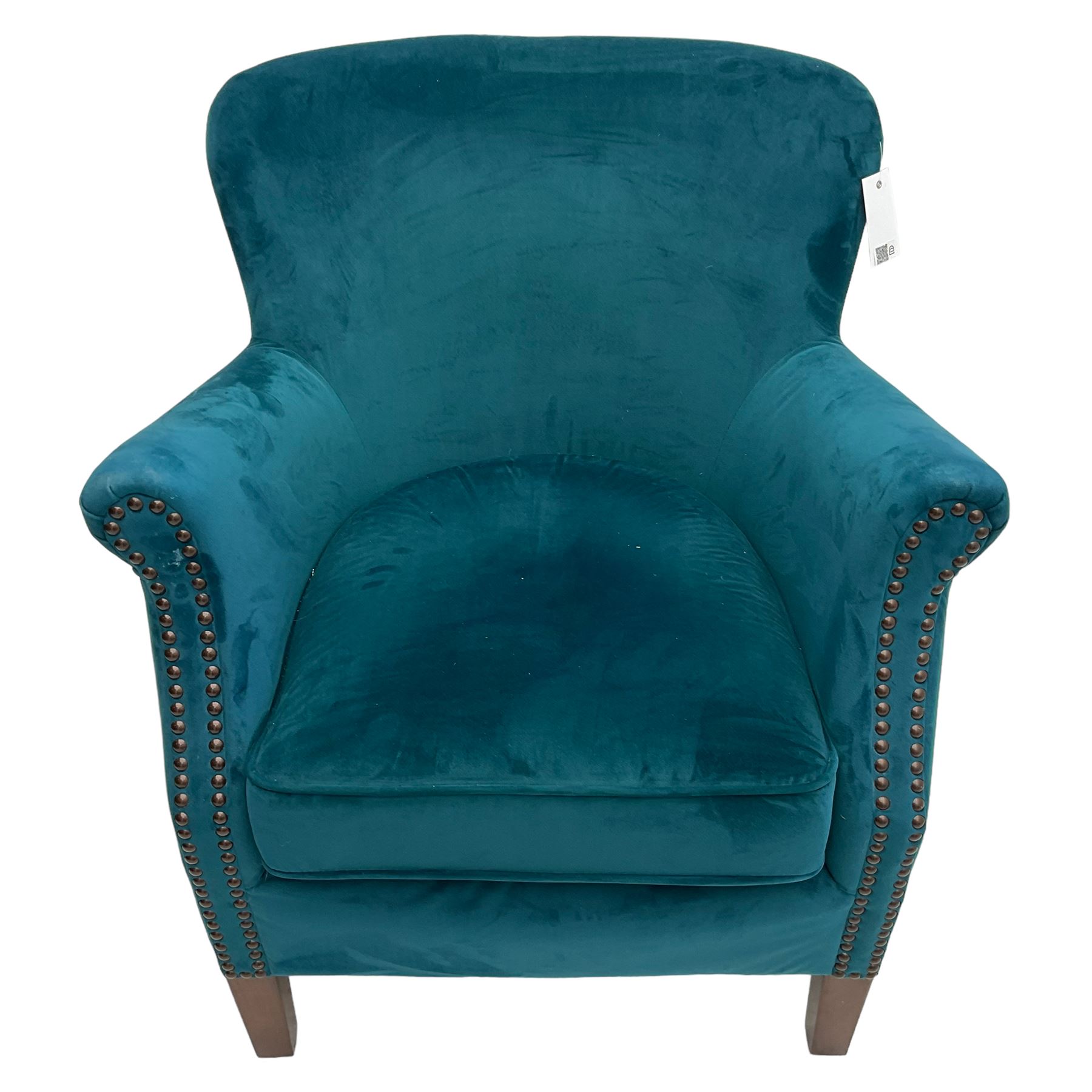 Contemporary tub-shaped armchair, upholstered in teal blue fabric, with high back and rolled arms accented with brass studded trim, on square tapered front feet