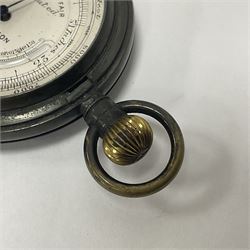 Early 20th century gunmetal pocket compensated barometer, by Aitchison London, the dial with outer central thermometer and outer altometer track, contained within tooled leather, velvet and silk lined fitted case, D = 5.3cm