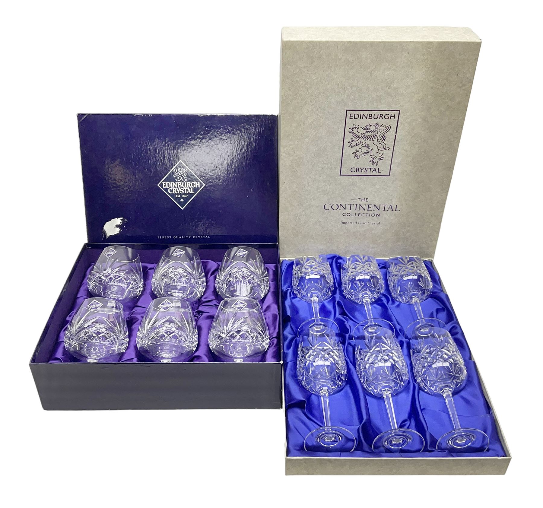 Set of six Edinburgh Crystal Continental Collection wine glasses, together with a set of six Edinburgh Crystal brandy glasses, both boxed