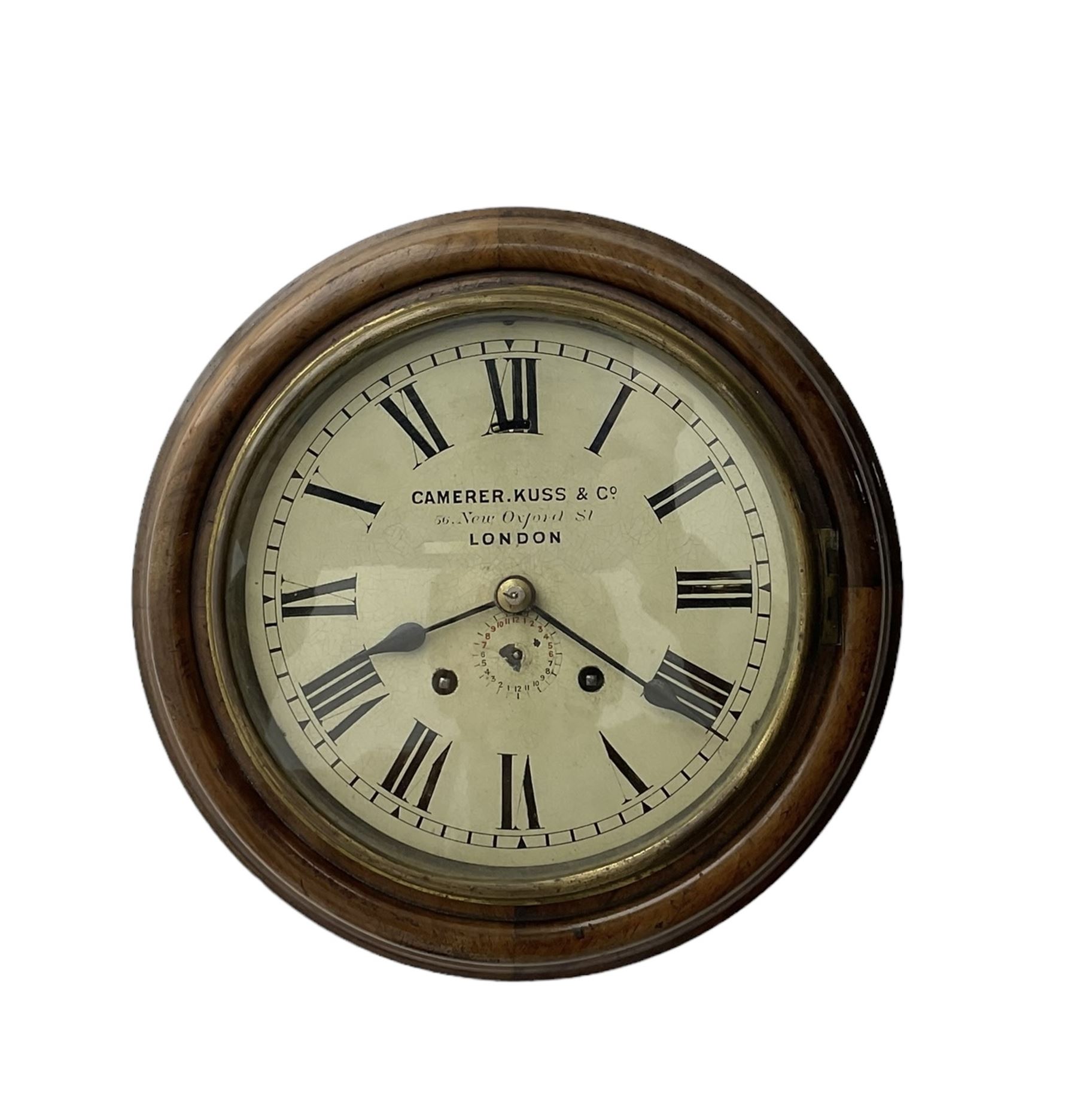 Camerer Kuss & Co -  8-day wall clock with alarm, mahogany dial surround and brass bezel, 8