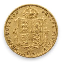 Queen Victoria 1891 gold half sovereign coin, shield back, Sydney mint