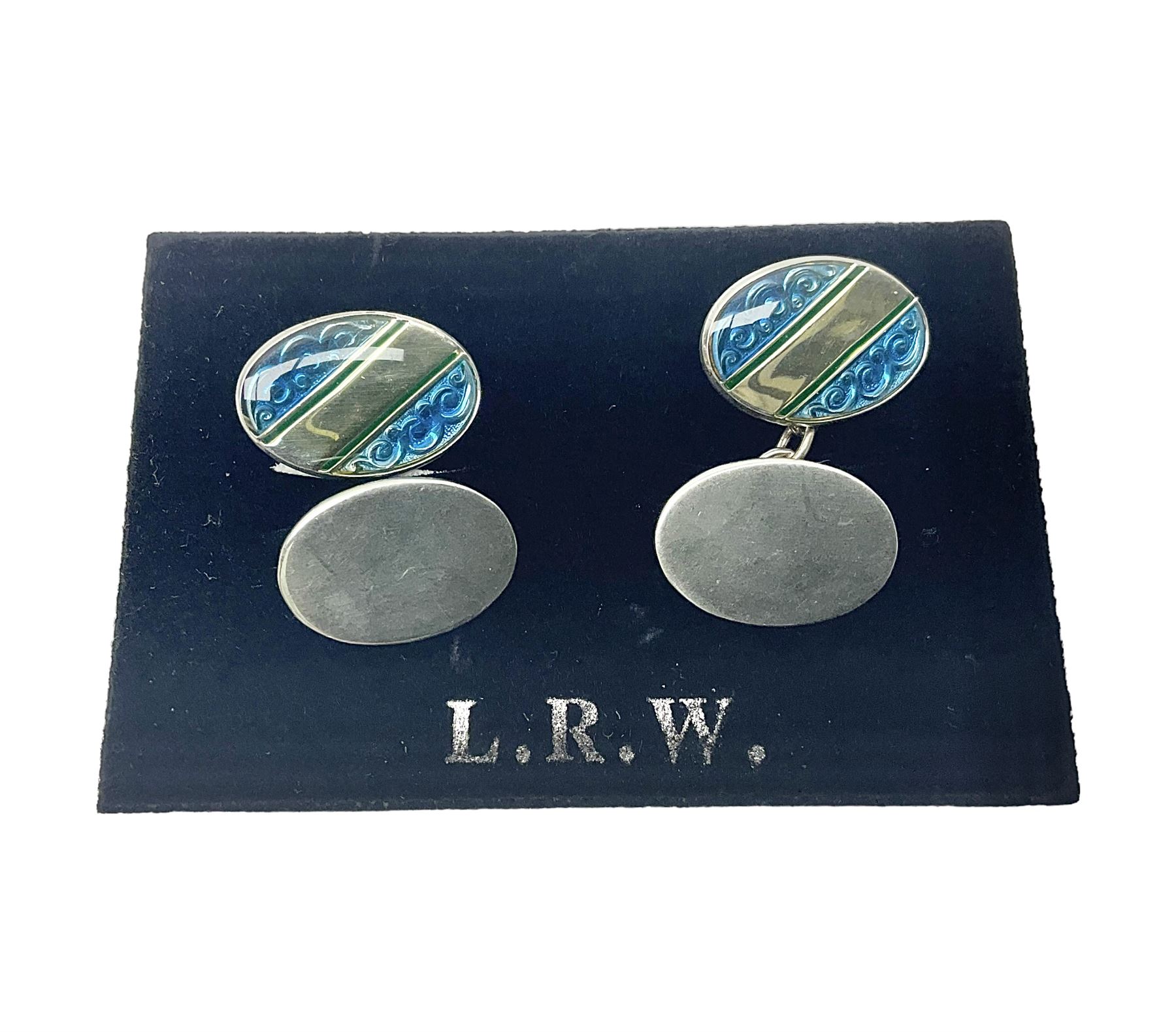 Pair of silver blue enamel cufflinks, hallmarked 