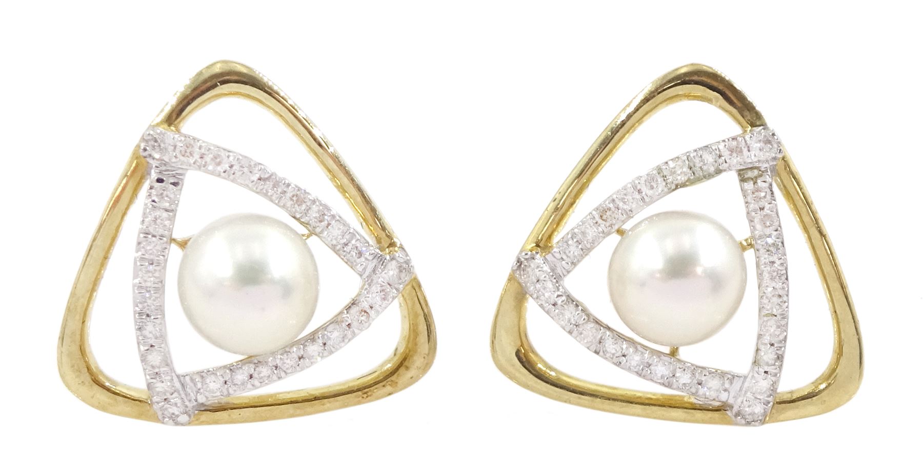 Pair of 9ct gold cultured pearl and round brilliant cut diamond triangular stud earrings, stamped, total diamond weight approx 0.20 carat