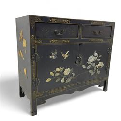 Early 20th century Chinese black lacquered cabinet, the front and sides decorated with rai...