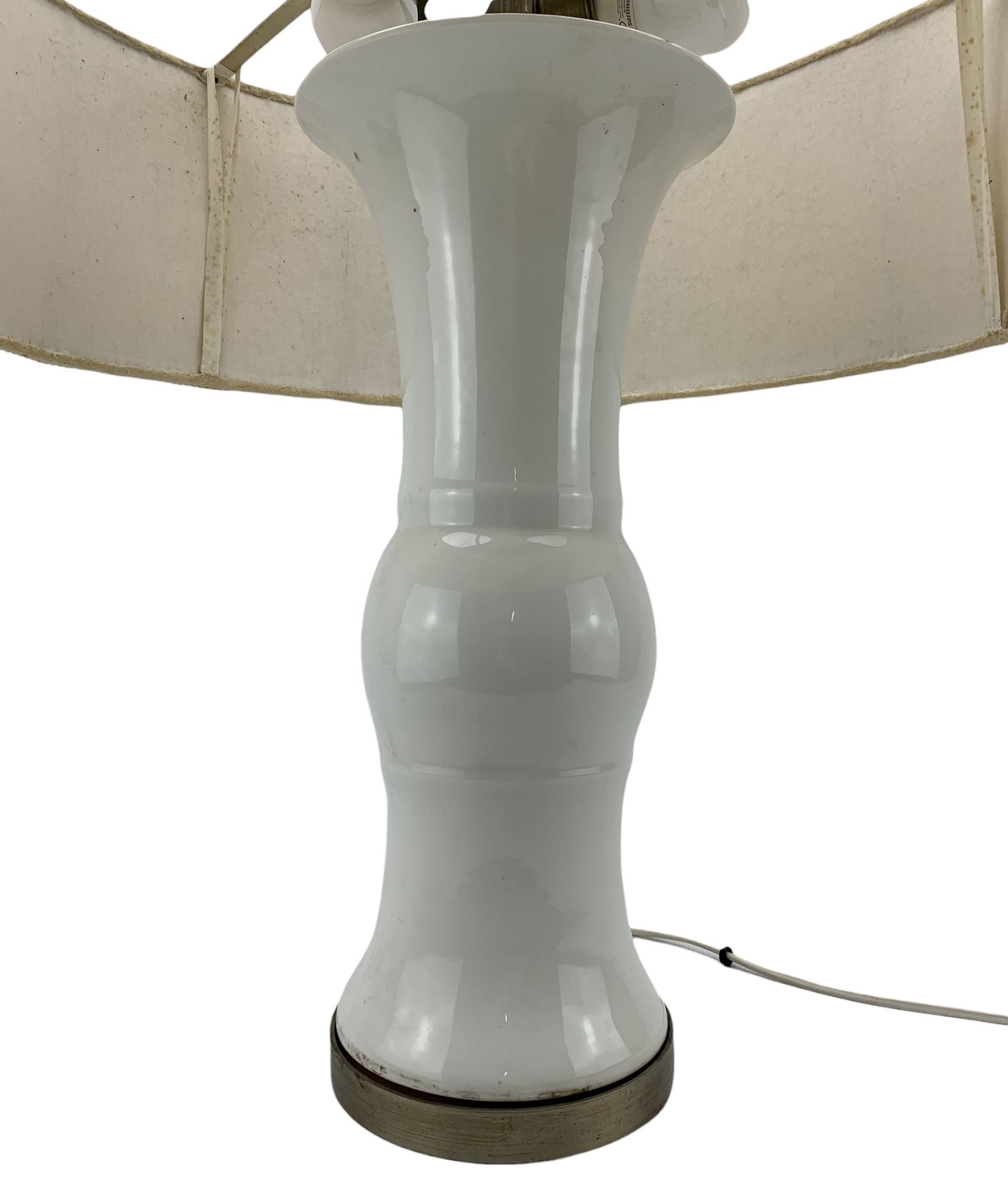 Early to mid 20th century Continental white glazed porcelain table lamp, of Gu form, with brushed metal fittings and large shade, base H47cm 