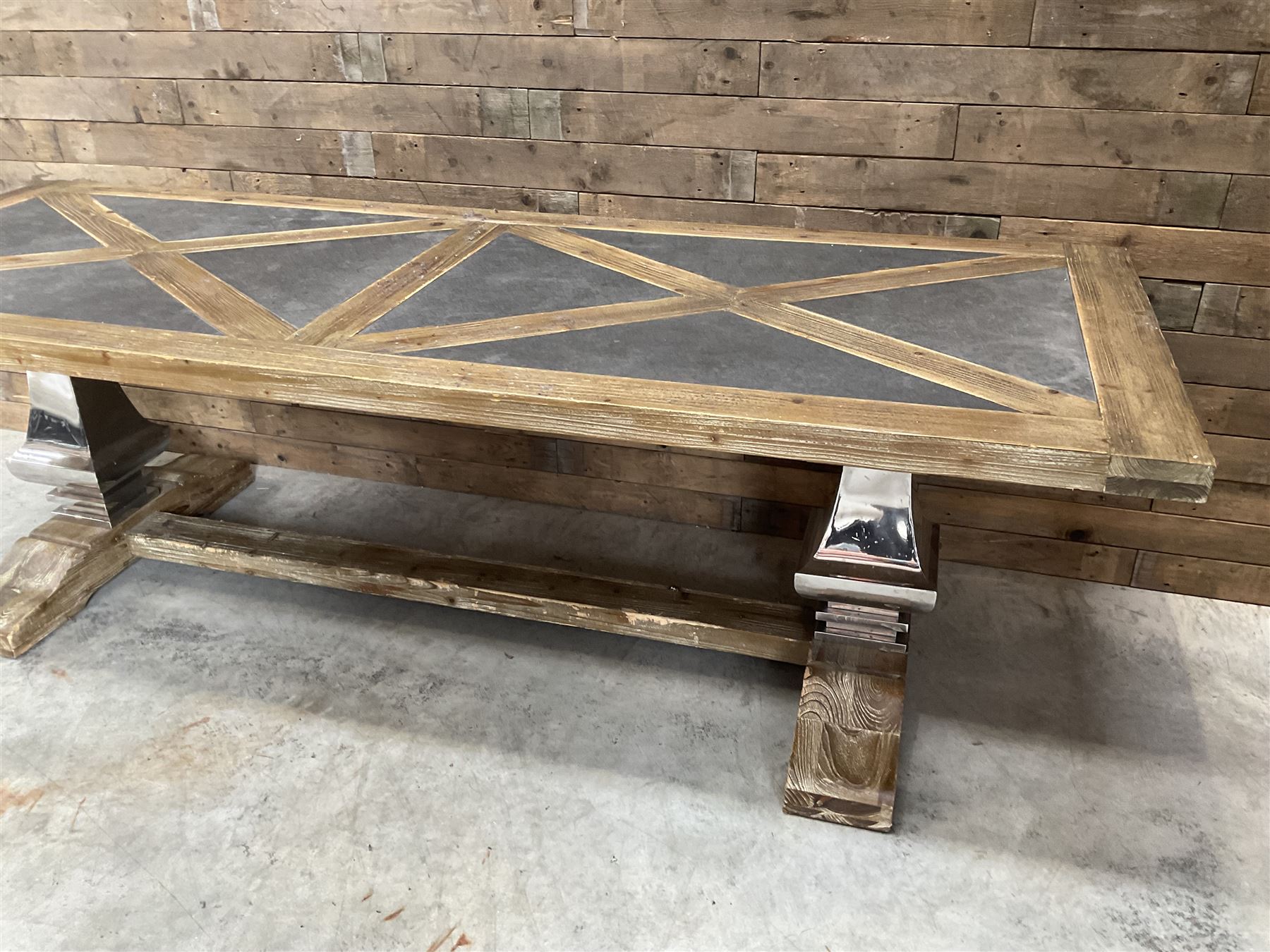 Large rectangular rustic wood and tile effect dining table, chrome pillars on stretcher base