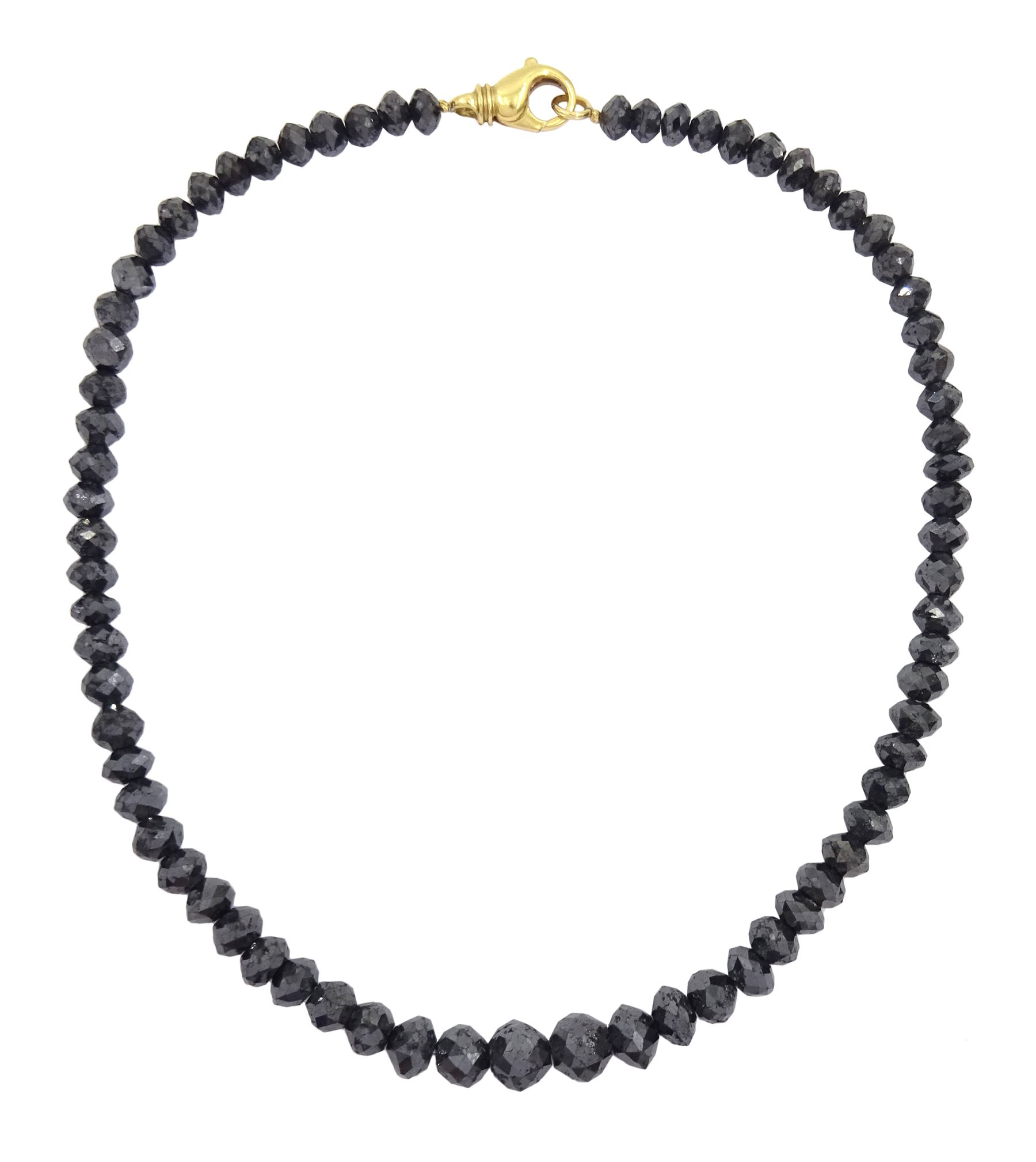 Single strand graduating black diamond necklace, with 18ct gold clasp, stamped 750, total diamond weight approx 220.00 carat