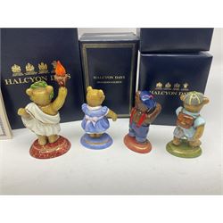 Eight Halcyon Days Teddy Bear of the Year figures, from 1993 to 2000, including one example modelled as a bear in Greek dress carrying a torch, one example modelled as a schoolboy and one example in a blue dress, all boxed 