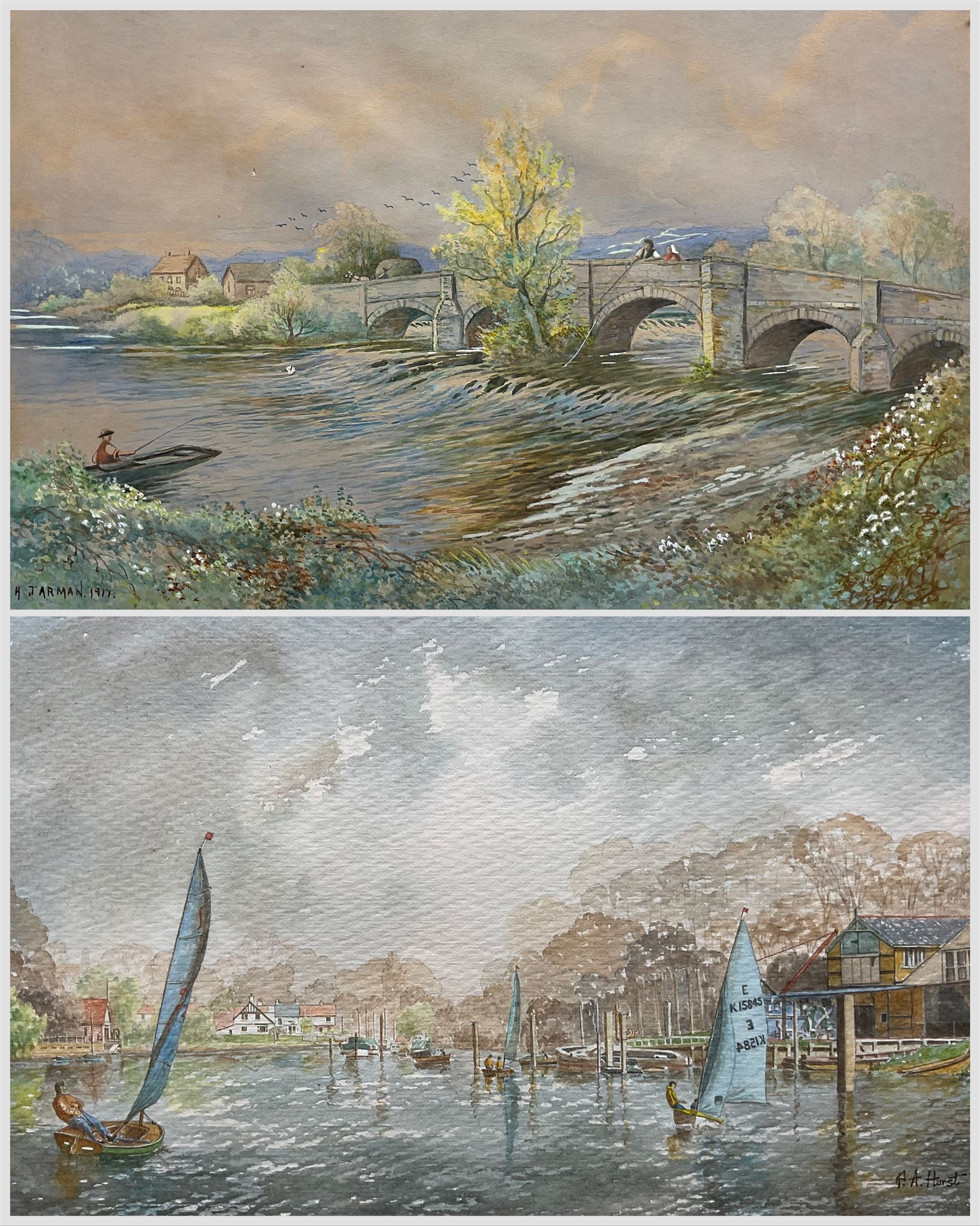 Peter A Hurst (British 20th Century): 'Thames at Twickenham', watercolour signed, titled on mount; H Jarman (British 19th Century): Fishing From the Bridge, watercolour signed and dated 1917, indistinctly inscribed verso max 35cm x 50cm (2) (one unframed)