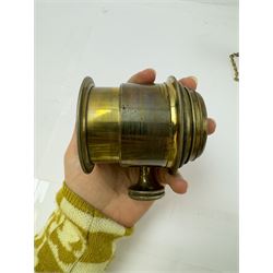 Late 19th century Watkins Exposure Meter, in cylindrical brass case, inscribed Sole Makers R. Field & Co, Birmingham, together with a 19th century brass plate camera lens