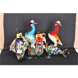 Two Murano glass clowns, together with similar glass figures, including cockerels and fish