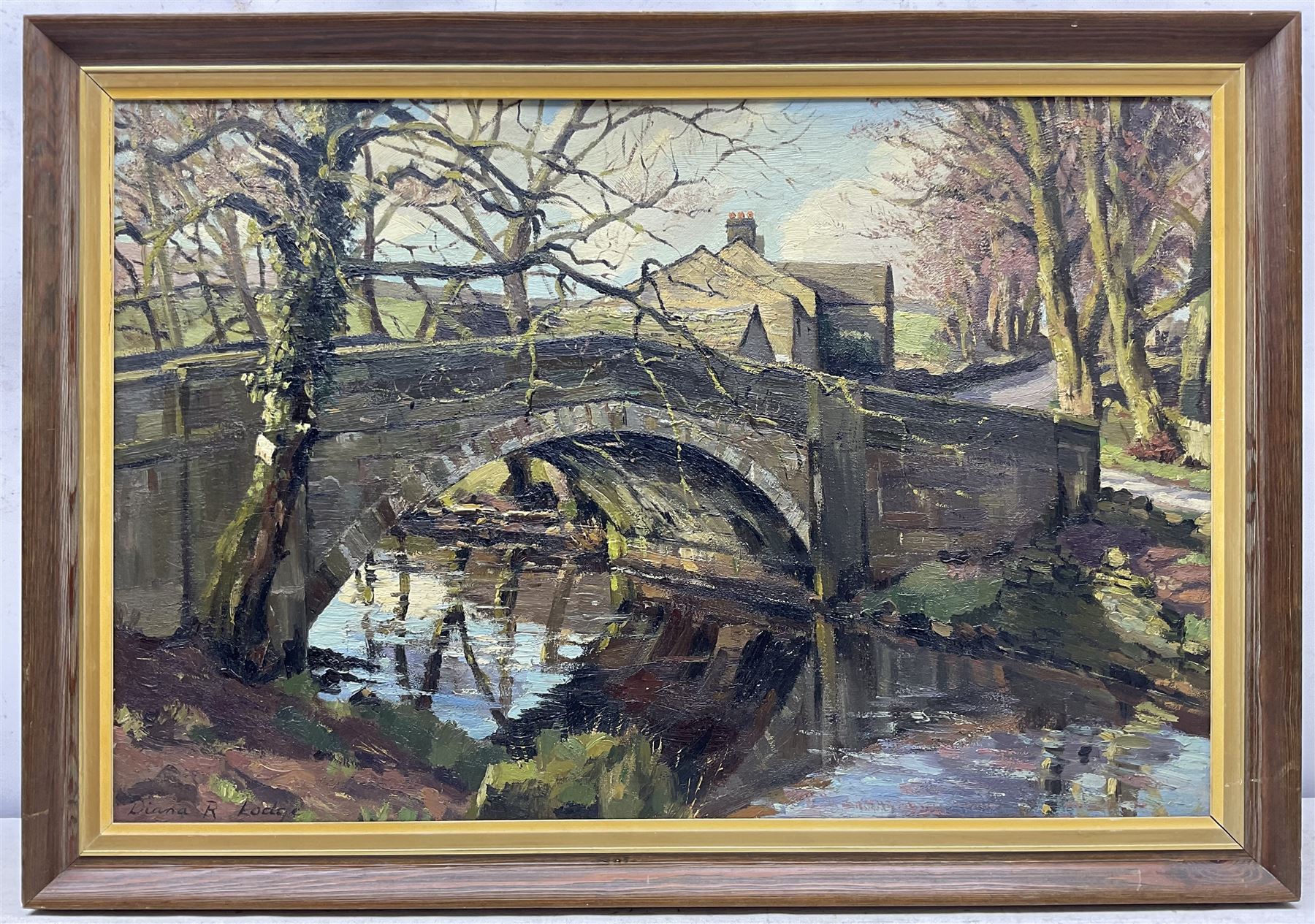 Diana Rosemary Lodge (British 1944-): 'Barben Beck Bridge - Burnsall to Appletreewick Road', oil on canvas board signed, titled and dated Feb 1975 verso 50cm x 75cm