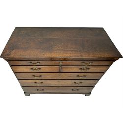 George III oak chest, rectangular top over frieze with inlaid with inscription panels 'Mary Rees' and fan motifs, frieze drawer over two short and three long graduating drawers, fitted with brass swan-neck handles and oval escutcheons, on bracket feet