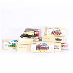 Fifteen limited edition Corgi Classic Public Transport vehicles, together with a 10th Anniversary Corgi Collector Club Scammell Scarab, Routemasters in Exile The North four bus collection and a Classic Commercials Bedford OB Edinburgh, all boxed with certificates (18)