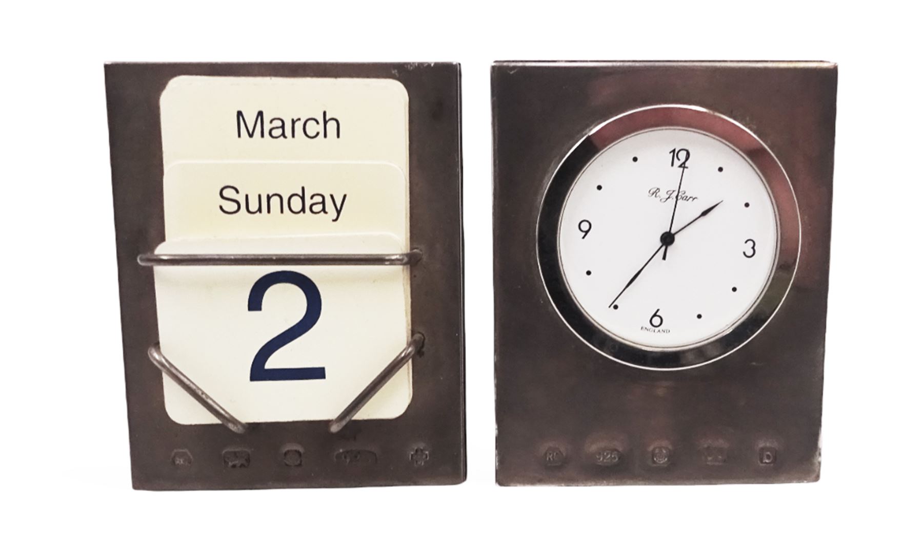 Modern silver mounted desk clock and perpetual calendar, hallmarked Carrs of Sheffield, Sheffield 2000 & 2001, H7.5cm