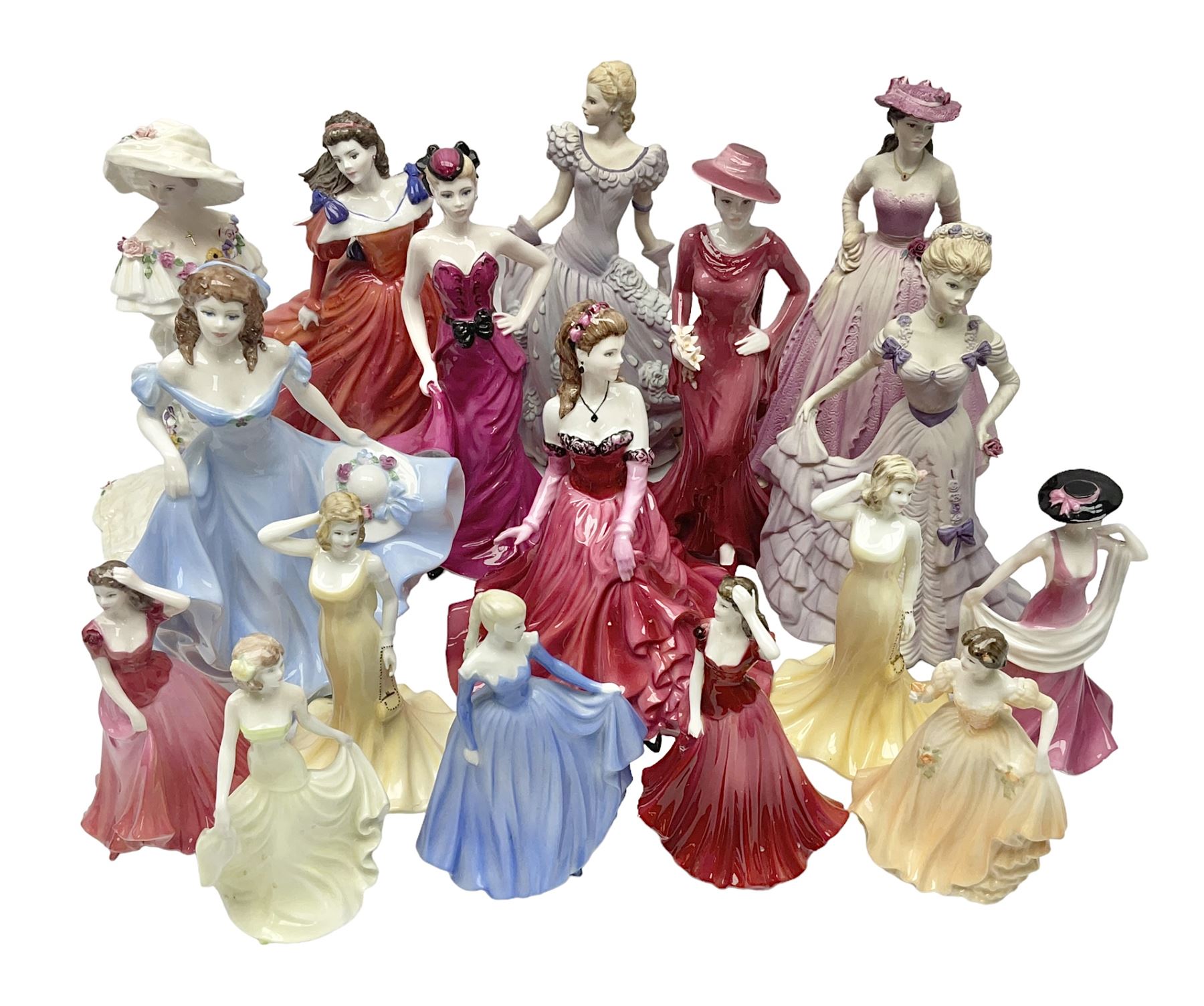 Nine Coalport figures, including Age of Elegance Evening Promenade, The Lovely Lady Christabel and Ladies of Fashion Pamela, together with eight miniature Coalport figures