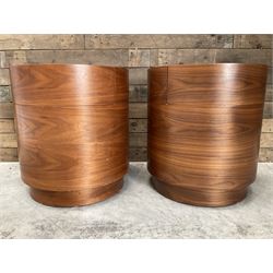 Pair of walnut circular barrel shaped lamp tables, fitted with single drawer