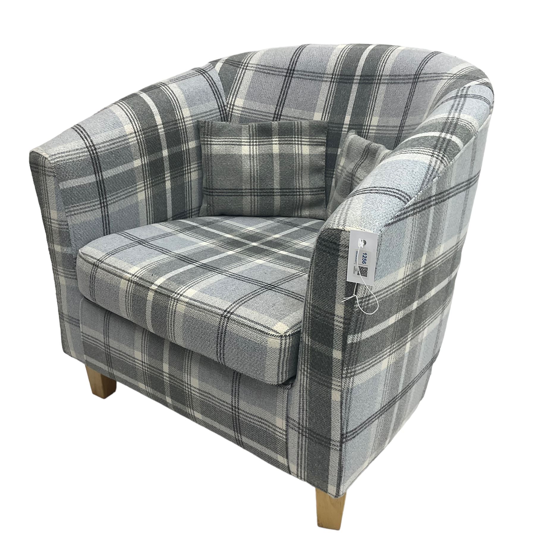 Tub shaped armchair, upholstered in tartan fabric