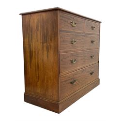 Late Victorian mahogany chest, moulded rectangular top over two short and three long graduating drawers, the drawer fronts inlaid with satinwood bands, boxwood and ebony stringing, on moulded plinth base 