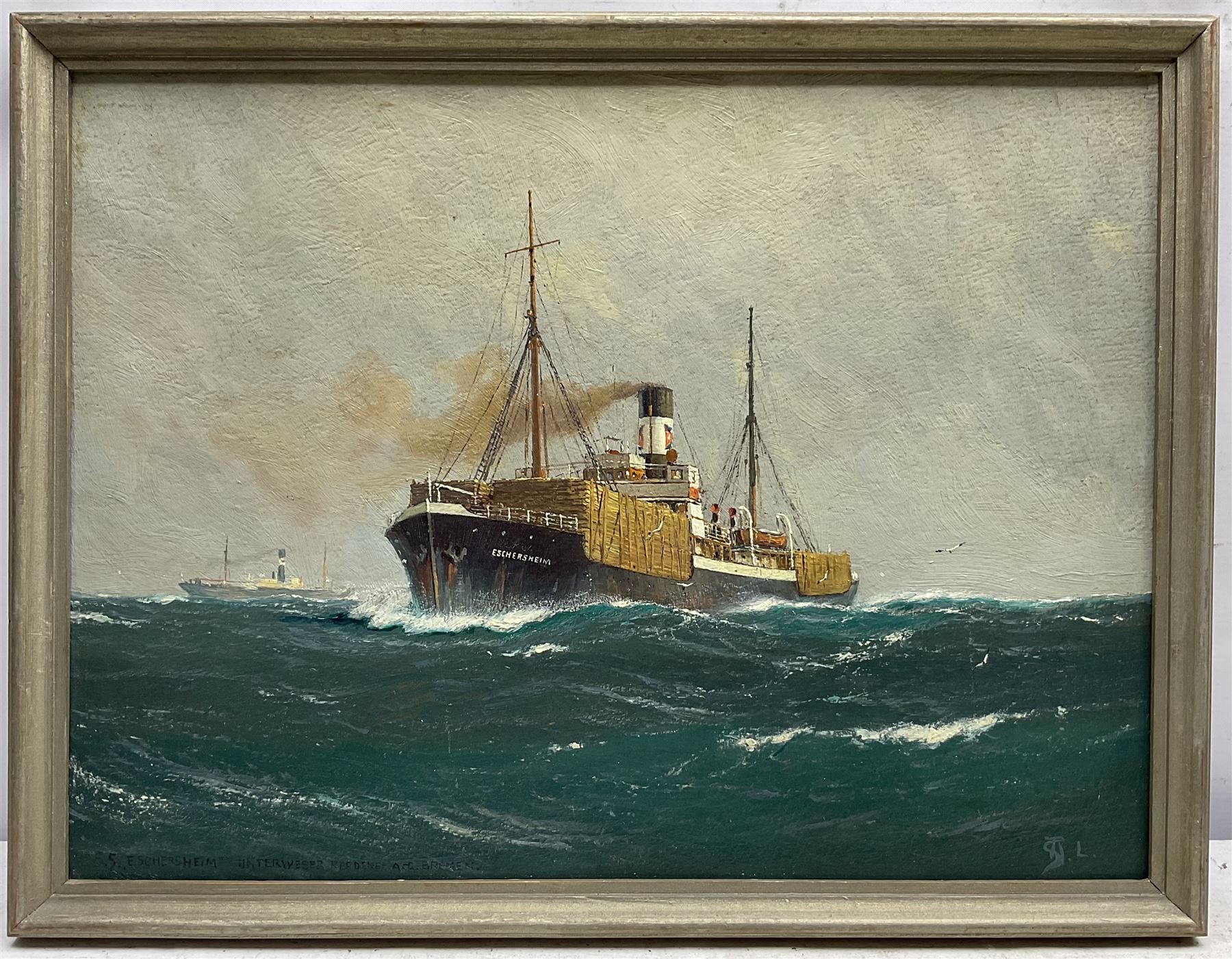 German School (Mid 20th century): Ships Portrait 'SS Eschersheim' Unterweser Reederei A-G Bremen - carrying Timber, oil on board signed with monogram 29cm x 39cm