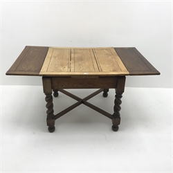 Early 20th century oak barley twist drawer leaf dining table, W88cm, D88cm, H89cm